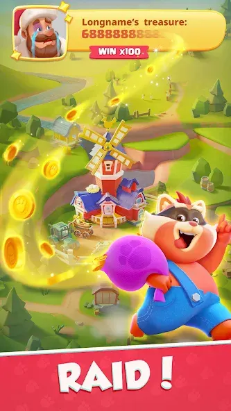 Captura de ecrã do jogo: uma personagem com um saco a correr em direção a uma aldeia com moinho, moedas douradas a voar pelo ar e a palavra RAID em destaque no fundo do ecrã