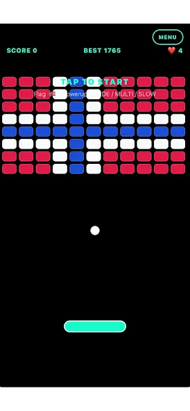 Captura de ecrã do jogo: fileiras de blocos vermelhos, brancos e azuis por cima de uma bola branca e de uma plataforma turquesa, com SCORE, BEST e um contador de vidas no topo